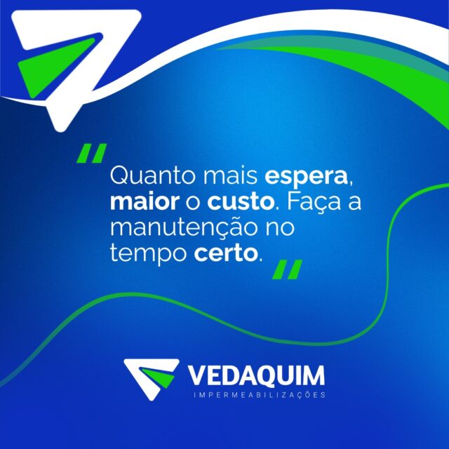Quanto mais espera, maior o custo.
🛠️ Faça a manutenção no tempo certo.

Na construção civil, o tempo pode ser seu aliado — ou seu maior inimigo.
Infiltrações ignoradas, ferragens expostas ou trincas “esquecidas” tendem a se agravar rapidamente, exigindo reparos maiores, mais caros e, muitas vezes, invasivos.

💧 A água não avisa: ela infiltra, corrói e compromete a estrutura sem fazer barulho.

A Vedaquim oferece soluções rápidas, seguras e não destrutivas para resolver o problema antes que ele vire dor de cabeça.

✅ Diagnóstico técnico;
✅ Injeção química sob pressão;
✅ Produtos de alta performance;
✅ Atendimento especializado.

Previna. Proteja. Economize.